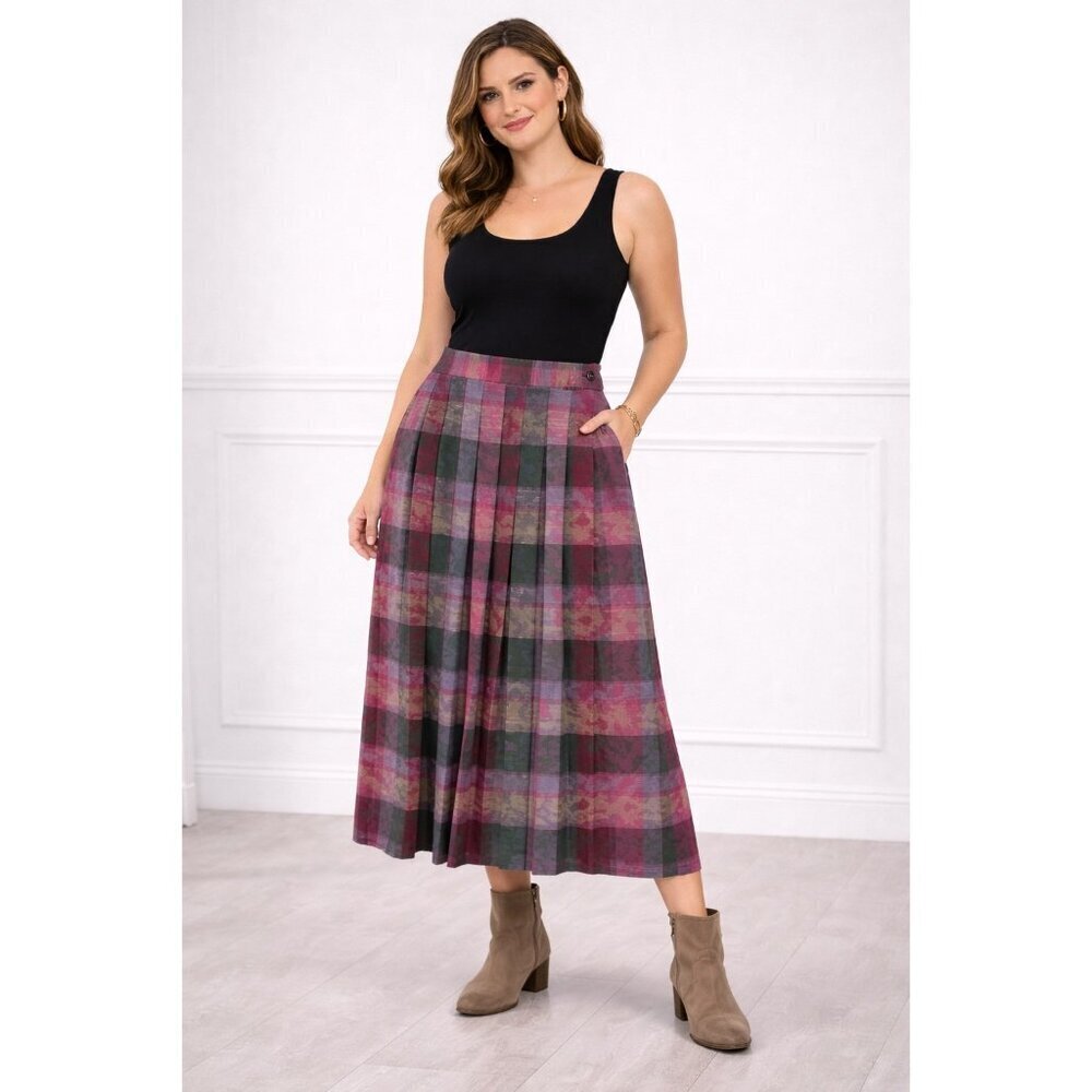 Geiger Vintage Cottagecore Plaid Floral Pleated Midi Skirt Size 42